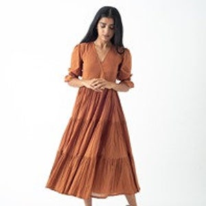 Organic Cotton Midi Dress, Burnt Toffee Tiered and Layered Dress, Boho Tunic with Pockets, Comfortable Loose Fit, Plus Size, Custom Sizing image 4