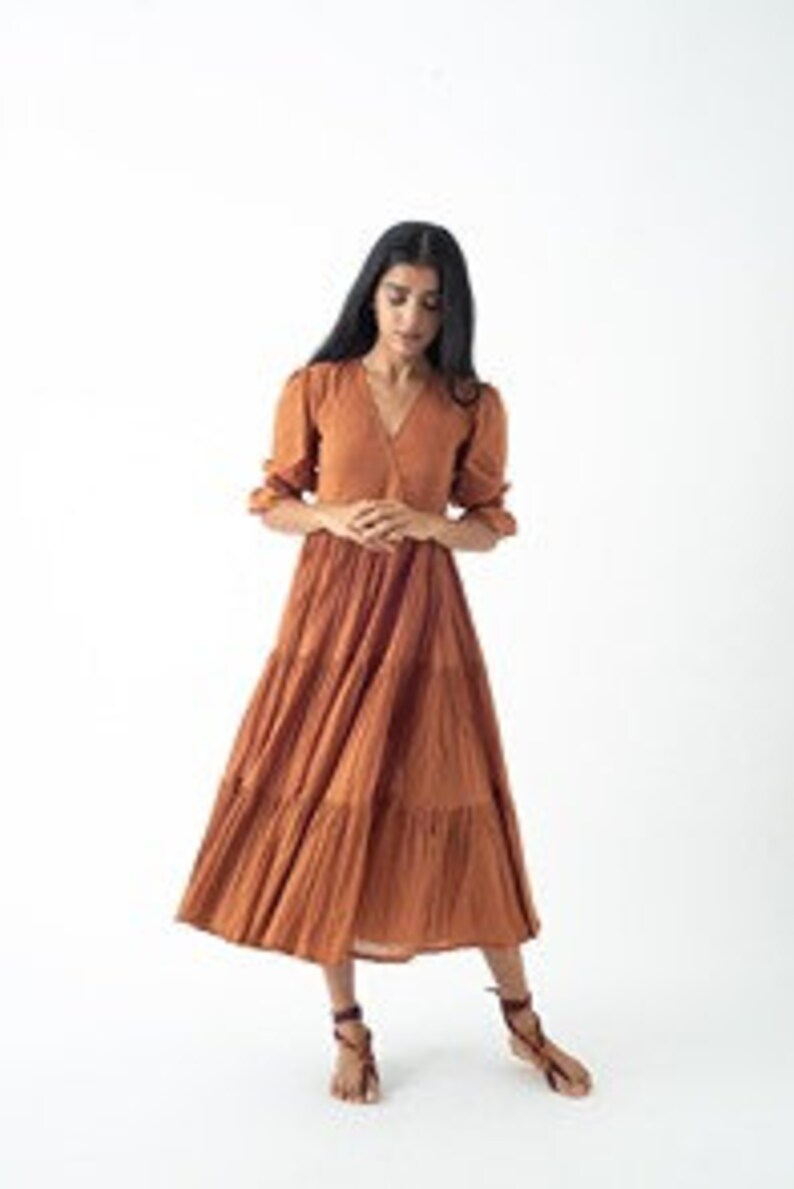 Organic Cotton Midi Dress, Burnt Toffee Tiered and Layered Dress, Boho Tunic with Pockets, Comfortable Loose Fit, Plus Size, Custom Sizing image 4