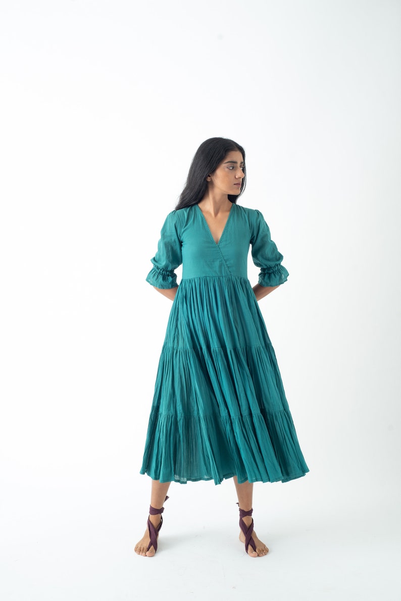 Organic Cotton Midi Dress, Teal Blue Tiered and Layered Dress, Boho Tunic with Pockets, Comfortable Loose Fit, Plus Size, Custom Sizing image 5