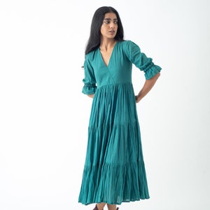 Organic Cotton Midi Dress, Teal Blue Tiered and Layered Dress, Boho Tunic with Pockets, Comfortable Loose Fit, Plus Size, Custom Sizing image 4