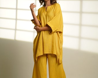 Oversized Linen Set, Linen Two-Piece Set, Mustard Linen Top and Pant, Custom Pajama Set, Linen Loungewear, Loose Tunic & Trouser, Plus Size