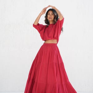 Cotton Boho Skirt and Top Set, Tiered Maxi Skirt with Pockets, Boat Neck Crop Top, Loose Fit Two-Piece Set, Plus Size, Summer Clothing
