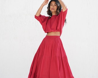Cotton Boho Skirt and Top Set, Tiered Maxi Skirt with Pockets, Boat Neck Crop Top, Loose Fit Two-Piece Set, Plus Size, Summer Clothing