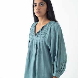 Linen Hand-Embroidered Balloon Sleeve Blue Top, Personalized Baggy Blouse, Oversized Shirt, Custom Size & Length, Plus Size Tunic