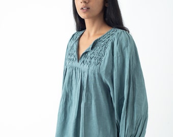 Linen Hand-Embroidered Balloon Sleeve Blue Top, Personalized Baggy Blouse, Oversized Shirt, Custom Size & Length, Plus Size Tunic
