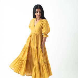 Organic Cotton Midi Dress, Burnt Toffee Tiered and Layered Dress, Boho Tunic with Pockets, Comfortable Loose Fit, Plus Size, Custom Sizing Jaisalmer Mustard