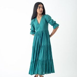 Organic Cotton Midi Dress, Teal Blue Tiered and Layered Dress, Boho Tunic with Pockets, Comfortable Loose Fit, Plus Size, Custom Sizing image 2