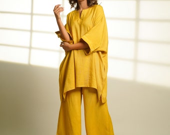 Linen loungewear set, Mustard linen Pajama set, Oversized Tunic Set, Linen sleepwear, Long Oversized Top & Trousers, Gift for Women