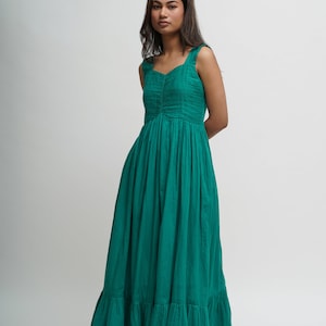 Organic Cotton Sleeveless Long Dress, Teal Tiered Dress, Empire Waist Dress with Pockets, Comfortable Loose Fit, Plus Size, Custom Sizing