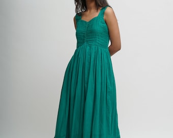 Organic Cotton Sleeveless Long Dress, Teal Tiered Dress, Empire Waist Dress with Pockets, Comfortable Loose Fit, Plus Size, Custom Sizing