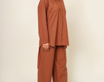 Brown Organic Cotton Co-ord Set, Oversized Shirt and Pants, Smart Comfy Casual Outfit, Custom Plus Size Streetwear, Travel Easy Leisurewear