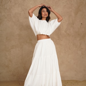 Cotton Boho Skirt and Top Set, Tiered Maxi Skirt with Pockets, Boat Neck Crop Top, Loose Fit Two-Piece Set, Plus Size, Summer Clothing