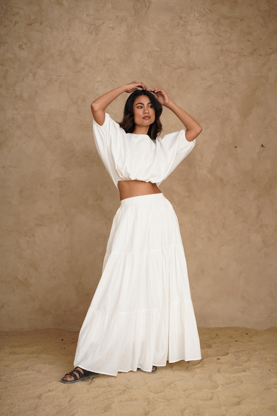 Cotton Boho Skirt and Top Set, Tiered Maxi Skirt with Pockets, Boat Neck Crop Top, Loose Fit Two-Piece Set, Plus Size, Summer Clothing