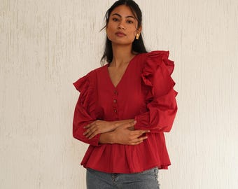 Cotton Buttoned Blouse, V Neck Sleeve Top, Frill Sleeve Cotton Blouse, Full Sleeve Summer Top, Flowy Shirt, Casual Boho Shirt, Custom Fit