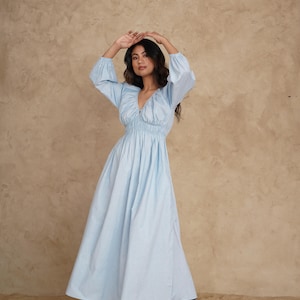 Cotton Midi Dress, Deep V Neck Flowy Dress, Long Sleeve Dress, Relaxed Fit Summer Dress with Pockets, Long Tunic Dress, Plus Size