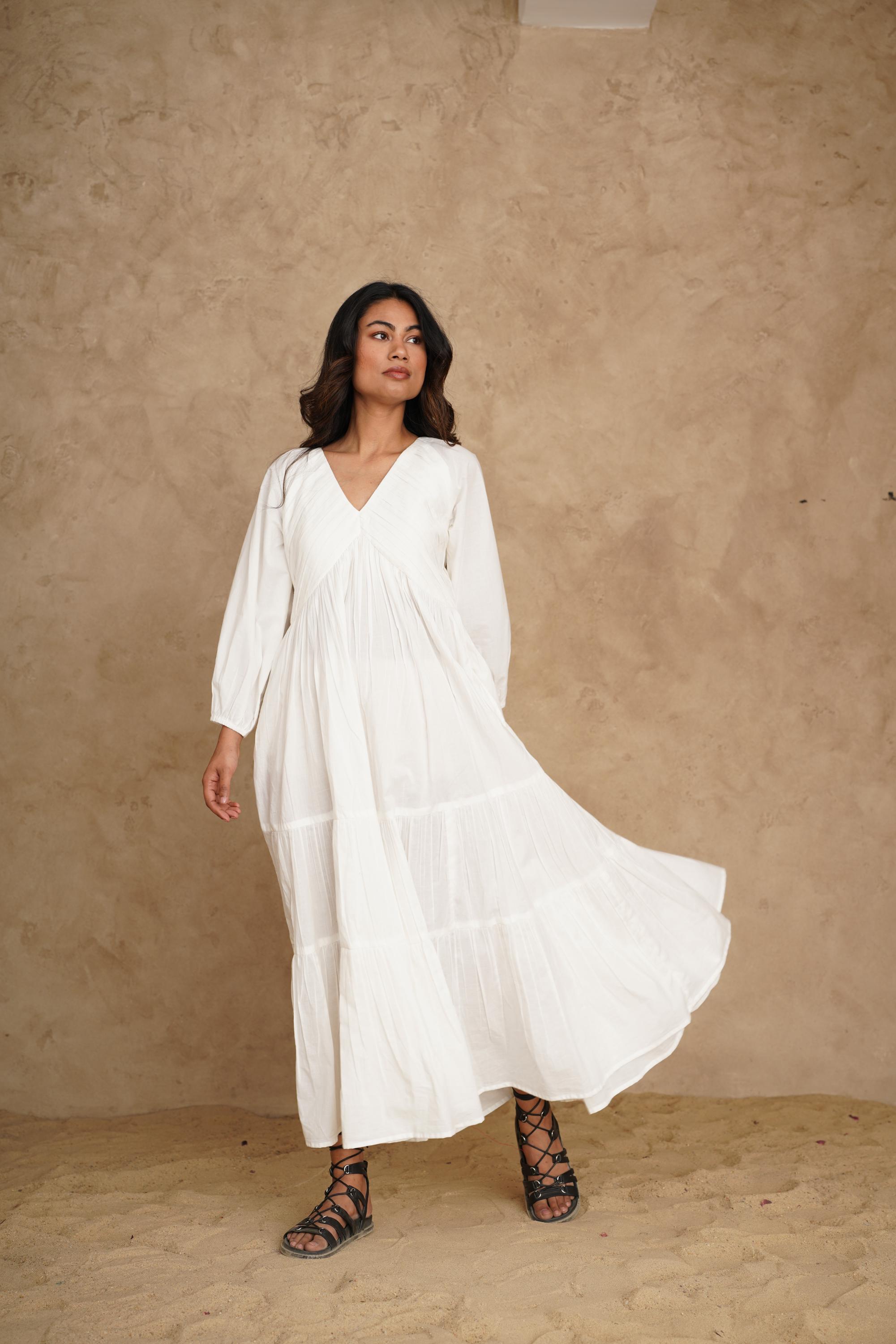 Organic Cotton Pleated Maxi Dress, White Tiered and Layered Dress, Boho Tunic with Pockets, Comfortable Loose Fit, Plus Size, Custom Sizing