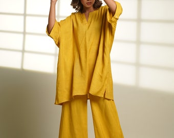 Linen loungewear set, Mustard linen Pajama set, Oversized Tunic Set, Linen sleepwear, Long Oversized Top & Trousers, Gift for Women