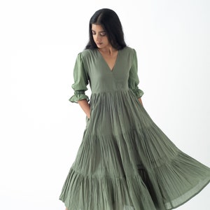 Organic Cotton Midi Dress, Bayleaf Green Tiered and Layered Dress, Boho Tunic with Pockets, Comfortable Loose Fit, Plus Size, Custom Sizing image 5