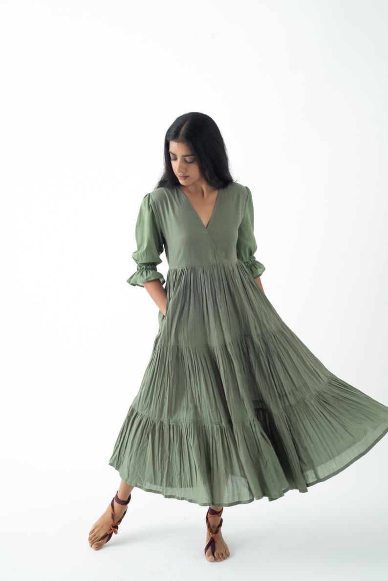 Organic Cotton Midi Dress, Bayleaf Green Tiered and Layered Dress, Boho Tunic with Pockets, Comfortable Loose Fit, Plus Size, Custom Sizing image 5