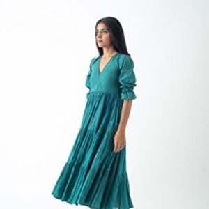 Organic Cotton Midi Dress, Teal Blue Tiered and Layered Dress, Boho Tunic with Pockets, Comfortable Loose Fit, Plus Size, Custom Sizing image 5