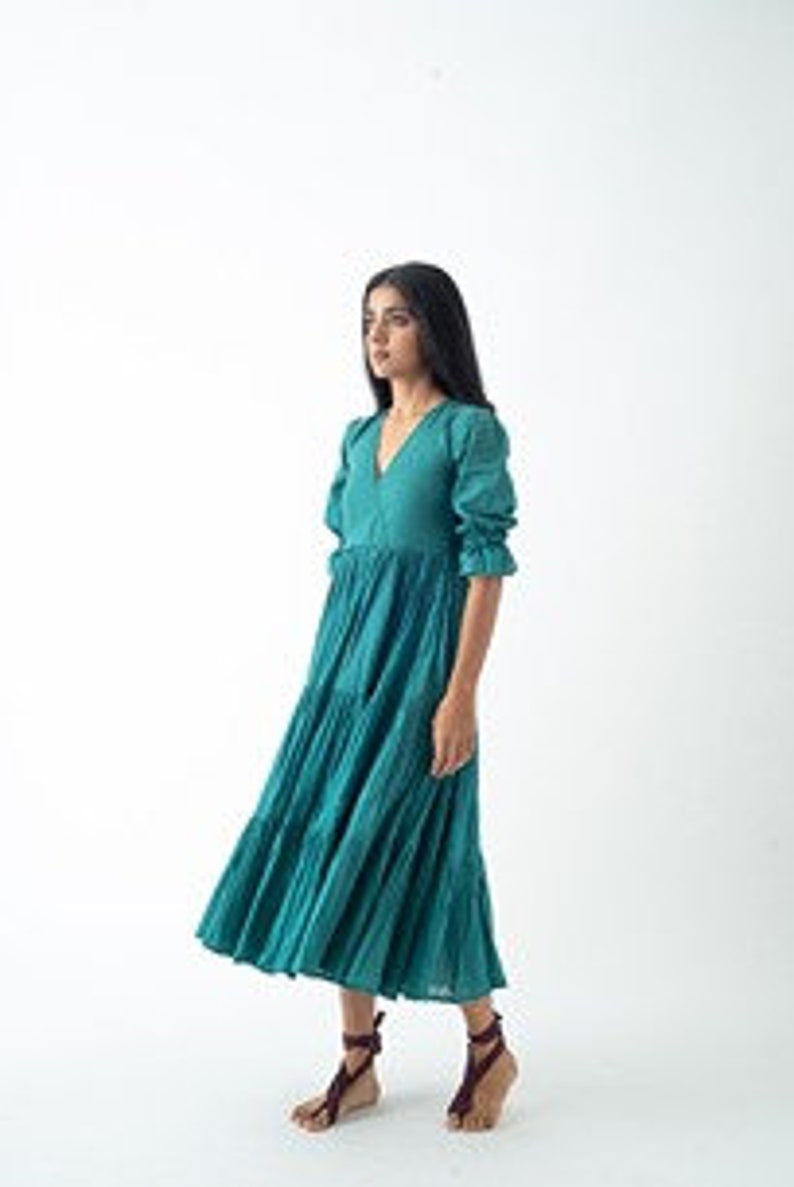 Organic Cotton Midi Dress, Teal Blue Tiered and Layered Dress, Boho Tunic with Pockets, Comfortable Loose Fit, Plus Size, Custom Sizing image 5