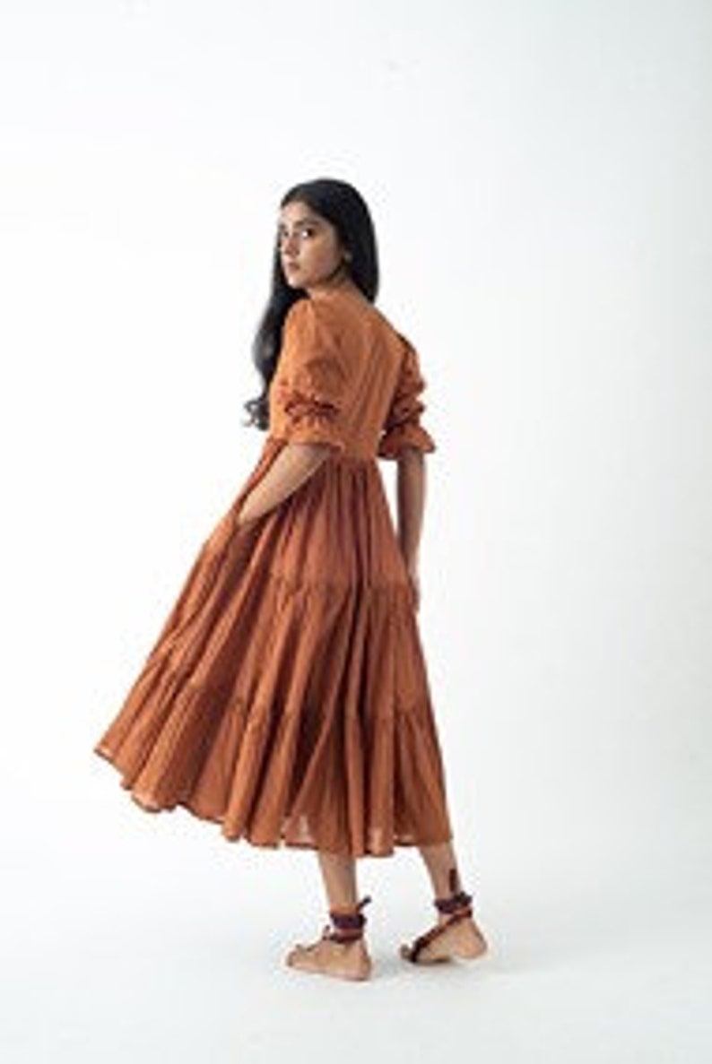 Organic Cotton Midi Dress, Burnt Toffee Tiered and Layered Dress, Boho Tunic with Pockets, Comfortable Loose Fit, Plus Size, Custom Sizing image 2