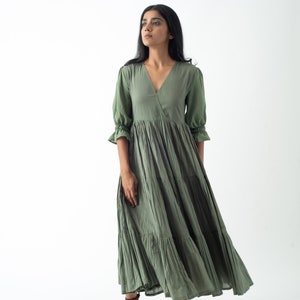 Organic Cotton Midi Dress, Bayleaf Green Tiered and Layered Dress, Boho Tunic with Pockets, Comfortable Loose Fit, Plus Size, Custom Sizing image 3