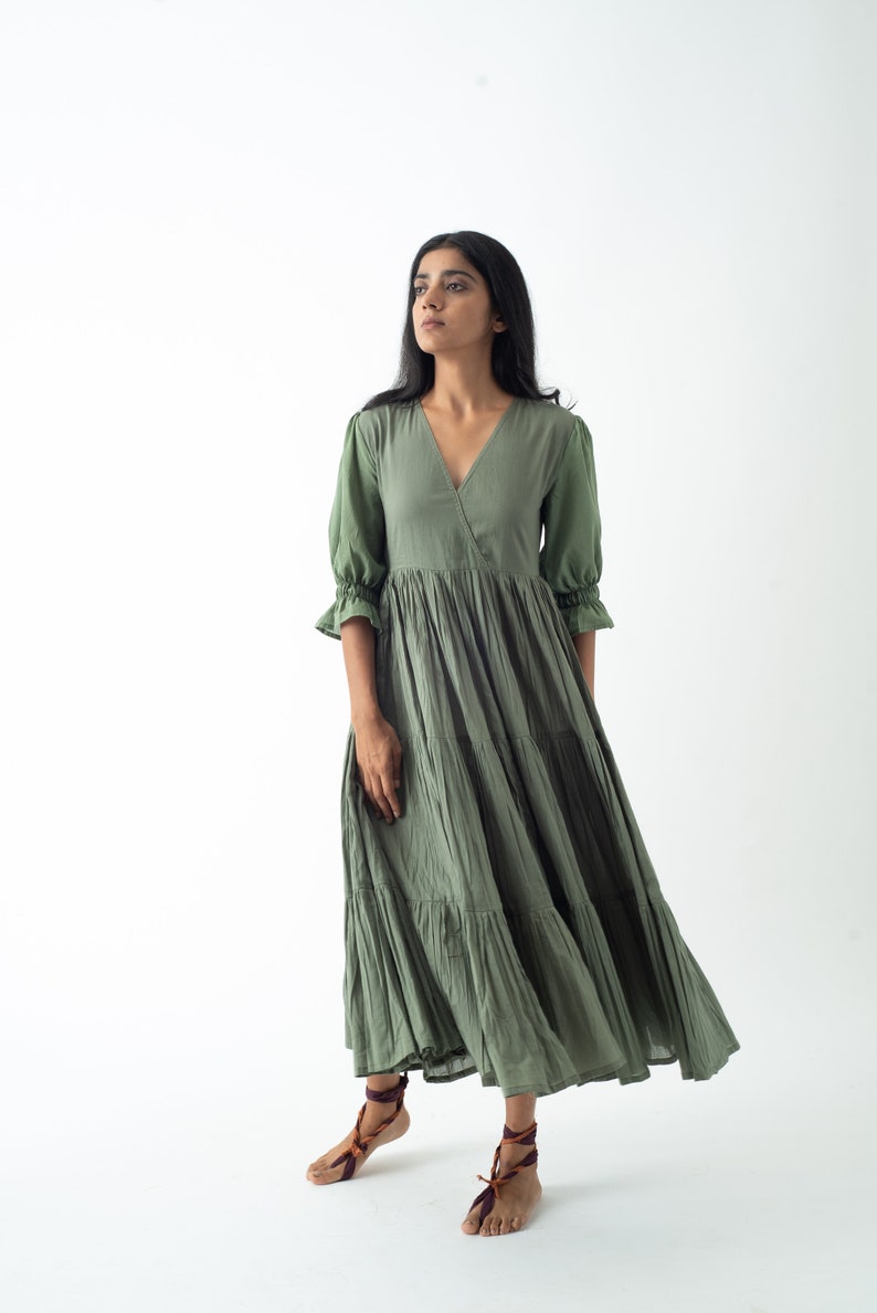 Organic Cotton Midi Dress, Bayleaf Green Tiered and Layered Dress, Boho Tunic with Pockets, Comfortable Loose Fit, Plus Size, Custom Sizing image 3