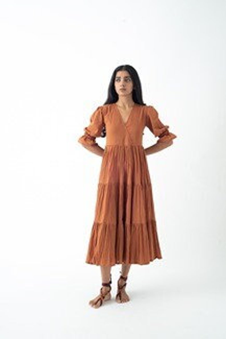 Organic Cotton Midi Dress, Burnt Toffee Tiered and Layered Dress, Boho Tunic with Pockets, Comfortable Loose Fit, Plus Size, Custom Sizing image 1