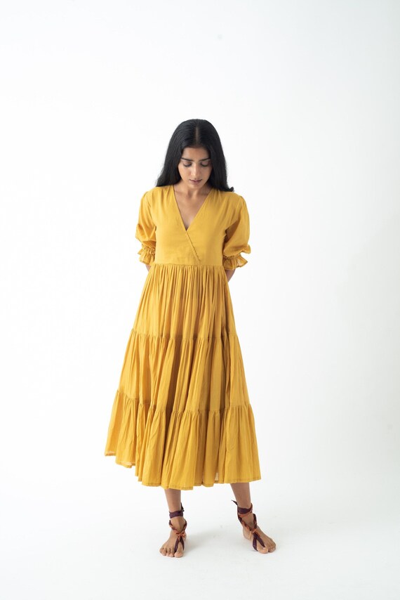 Organic Cotton Midi Dress Mustard Yellow Tiered and Layered Dress Boho Tunic With Pockets Comfortable Loose Fit Plus Size Custom Sizing Etsy UK