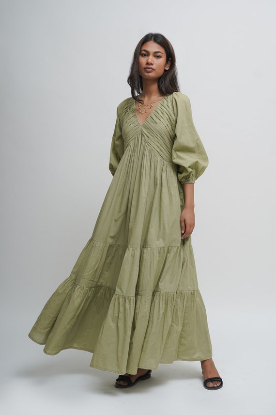 公式の店舗 Organic Cotton Pleated Maxi Dress, Green Tiered and Layered ワンピース