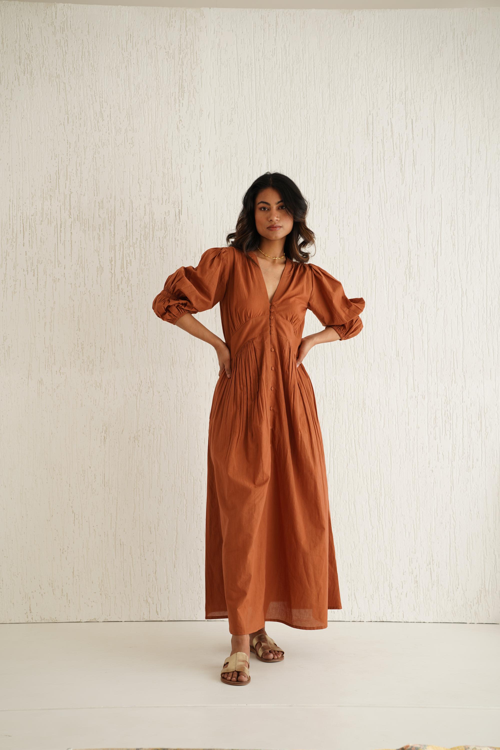 Cotton Midi Dress, A-Line Button Dress, Puff Sleeve Dress, Flowy Summer Dress, Feminine Boho Dress, Custom Size Dress, Plus Size Clothing