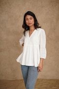 Cotton Textured V Neck White Top, Empire Waist Blouse, Long Sleeve Flowy Shirt, Cotton Boho Tunic, Plus Size Custom Fit, Summer Everyday Top