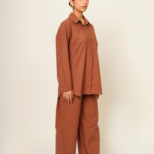 Brown Organic Cotton Co-ord Set, Oversized Shirt and Pants, Smart Comfy Casual Outfit, Custom Plus Size Streetwear, Travel Easy Leisurewear image 2