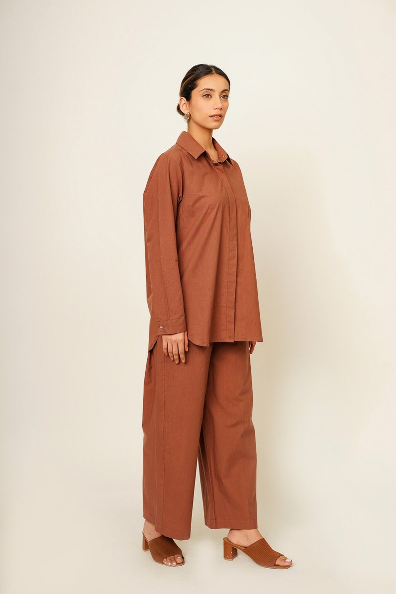 Brown Organic Cotton Co-ord Set, Oversized Shirt and Pants, Smart Comfy Casual Outfit, Custom Plus Size Streetwear, Travel Easy Leisurewear image 2