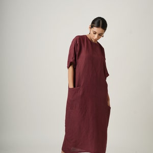 Loose Fit Linen Tea Length Dress, Summer Flax Dress with Pockets, Modest Linen Maxi Dress, Plus Size Clothing