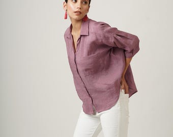 Linen Short Sleeve Button Down Shirt, Collared Linen Shirt, Oversized Linen Blouse, Soft Linen Shirt Women, Summer Linen Clothing, Plus Size