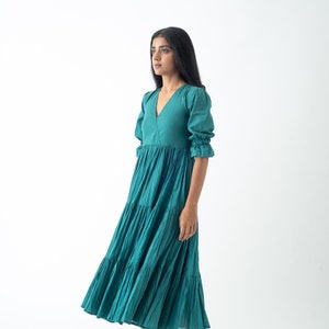 Organic Cotton Midi Dress, Teal Blue Tiered and Layered Dress, Boho Tunic with Pockets, Comfortable Loose Fit, Plus Size, Custom Sizing image 2