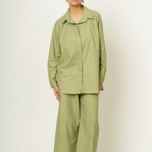 Brown Organic Cotton Co-ord Set, Oversized Shirt and Pants, Smart Comfy Casual Outfit, Custom Plus Size Streetwear, Travel Easy Leisurewear Sage Green