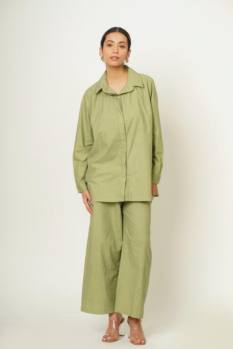 Brown Organic Cotton Co-ord Set, Oversized Shirt and Pants, Smart Comfy Casual Outfit, Custom Plus Size Streetwear, Travel Easy Leisurewear Sage Green