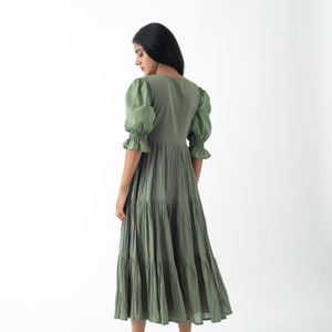 Organic Cotton Midi Dress, Bayleaf Green Tiered and Layered Dress, Boho Tunic with Pockets, Comfortable Loose Fit, Plus Size, Custom Sizing image 6