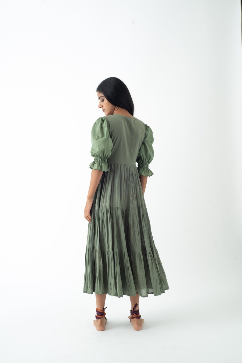 Organic Cotton Midi Dress, Bayleaf Green Tiered and Layered Dress, Boho Tunic with Pockets, Comfortable Loose Fit, Plus Size, Custom Sizing image 6