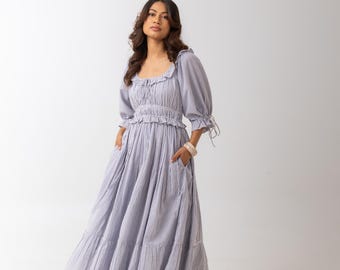 Sukienka z bawełny seersucker, sukienka z kwadratowym dekoltem i bufiastymi rękawami