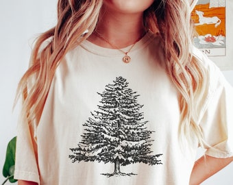 Rustic Pine Tree Sketch T-Shirt, Nature Inspired Graphic Tee, Unisex Casual Forest Shirt, Soft Cotton Outdoor Top, Unique Gift Idea