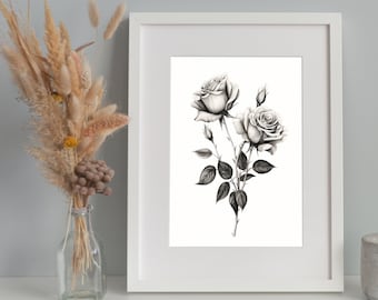 Black & White Roses Botanical Print | Detailed Pencil Sketch Roses | Classic Floral Wall Art | Vintage Botanical Drawing | Digital Download