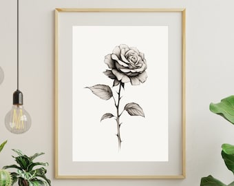 Estampado botánico de rosa en flor / Dibujo de líneas finas en blanco y negro / Arte de rosa con tallo abierto / Decoración floral vintage para pared / Descarga digital