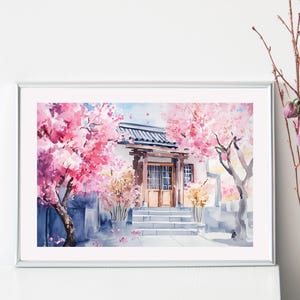 Watercolor Cherry Blossoms House Print | Spring Summer Floral Art | Botanical Wall Art | Floral Home Decor | Japanese Sakura Wall Art | #5