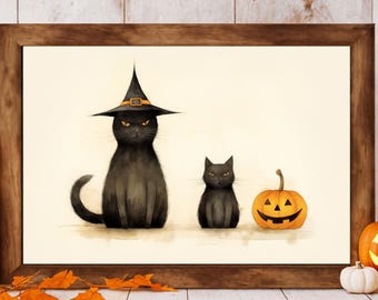 May include: A framed Halloween-themed print featuring two black cats and a jack-o'-lantern. One cat wears a witch hat. Two lit jack-o'-lanterns and several small pumpkins are on a wooden surface. Autumn leaves are scattered around the frame.