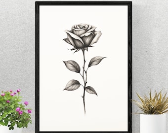 Single Rose Botanical Sketch Print | Black & White Pencil Drawing | Classic Stem Rose Wall Art | Vintage Floral Decor | Digital Download