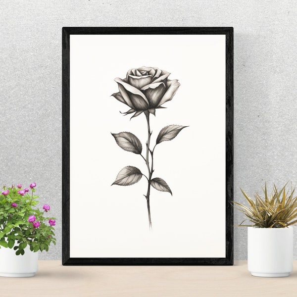 Single Rose Sketch Art Drawing | Neutral Botanical Print |  Simple Artwork | Vintage Sketch | Printable Wall Art | Digital Download